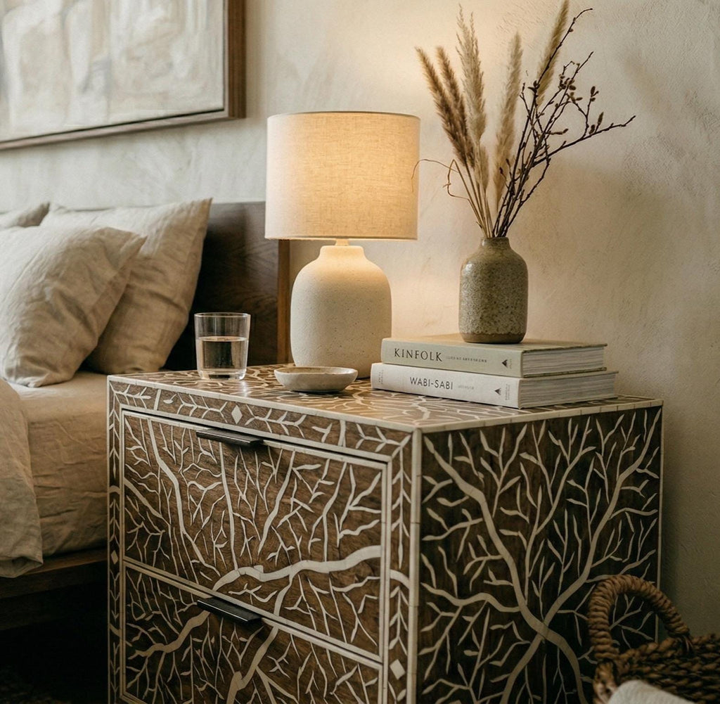 Organic Pattern Bone Inlay Bedside Table , unique side table , indian furniture