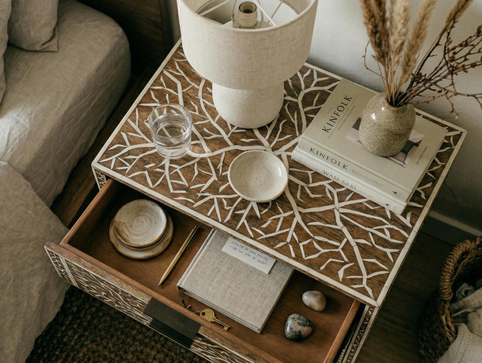 Organic Pattern Bone Inlay Bedside Table , unique side table , indian furniture