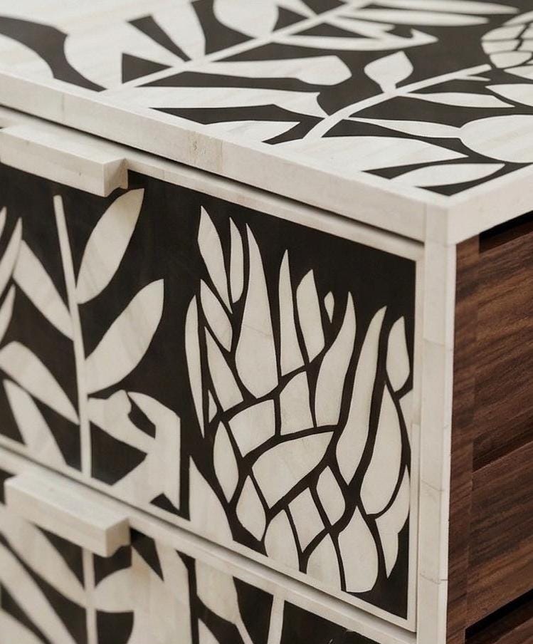 Bone Inlay black Nightstand lotus pattern – Black White Floral Protea Design Side Table