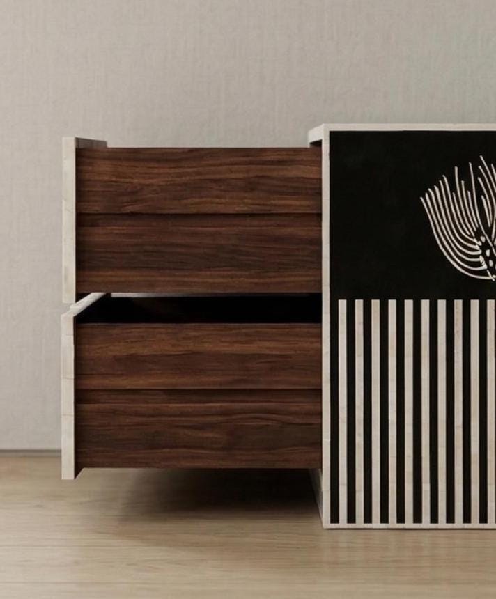 Bone Inlay black Nightstand lotus pattern – Black White Floral Protea Design Side Table