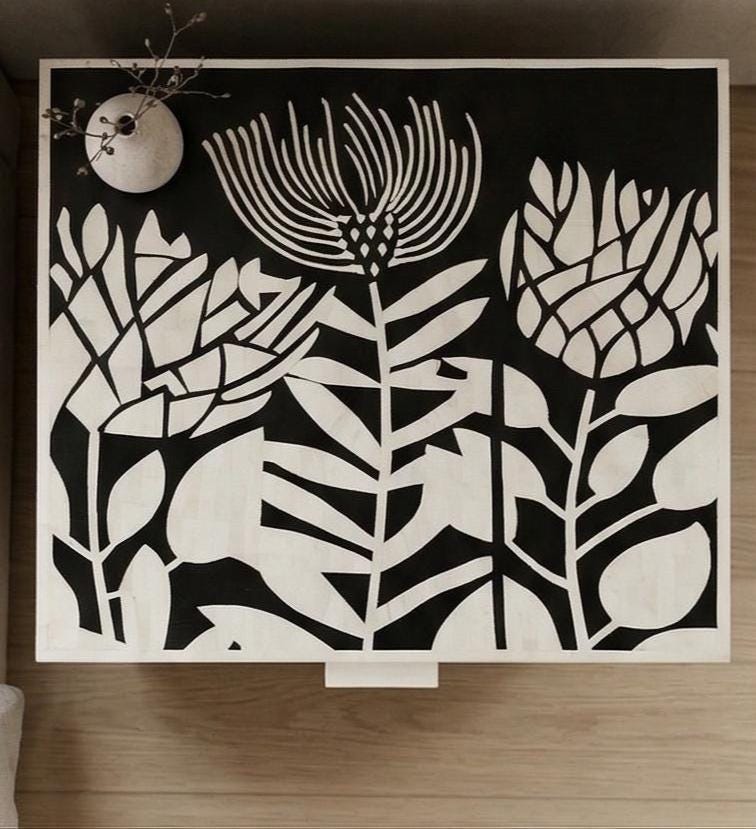 Bone Inlay black Nightstand lotus pattern – Black White Floral Protea Design Side Table