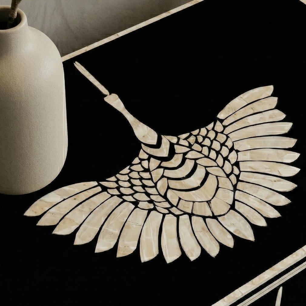 Swan Bone Inlay Bedside Table Handmade Black Luxury Bird Nightstand