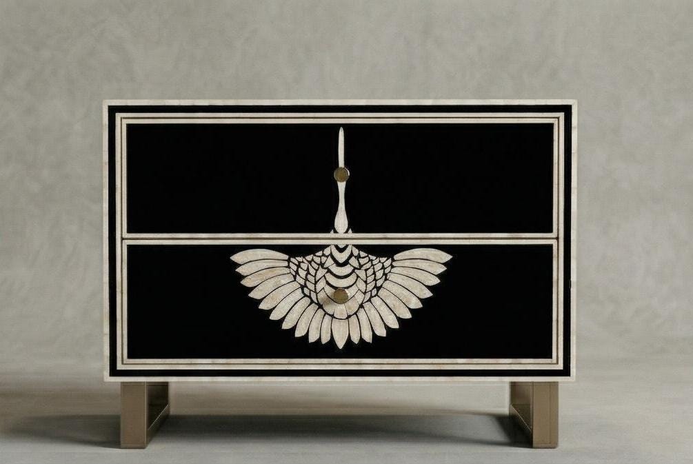 Swan Bone Inlay handcrafted Nightstand Black Luxury Bedroom Side Table