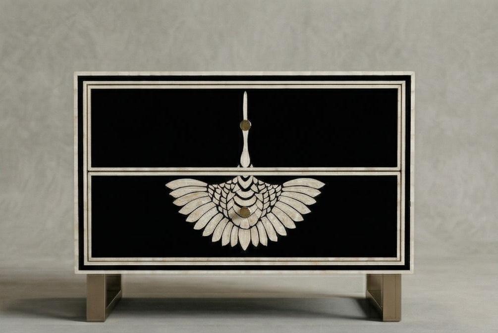 Swan Bone Inlay Bedside Table Handmade Black Luxury Bird Nightstand