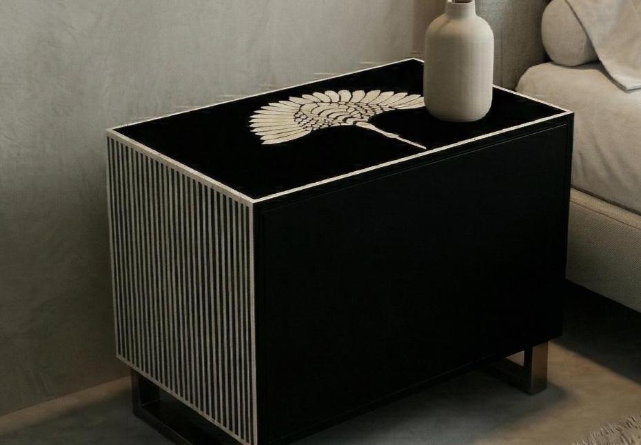 Swan Bone Inlay handcrafted Nightstand Black Luxury Bedroom Side Table