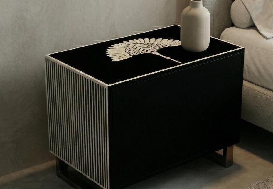 Swan Bone Inlay Bedside Table Handmade Black Luxury Bird Nightstand