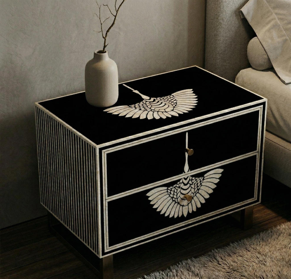 Swan Bone Inlay Bedside Table Handmade Black Luxury Bird Nightstand