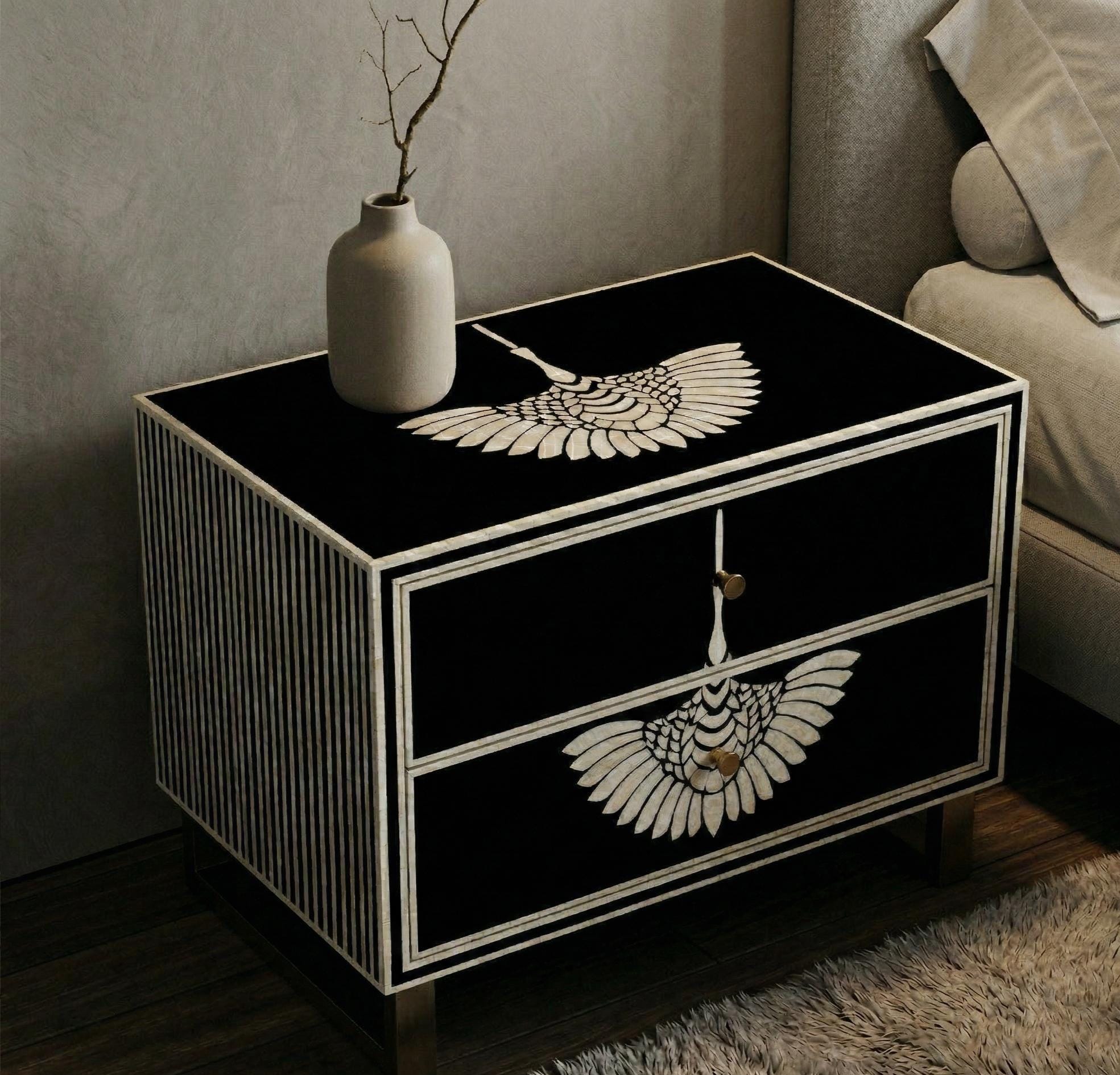 Swan Bone Inlay Bedside Table Handmade Black Luxury Bird Nightstand