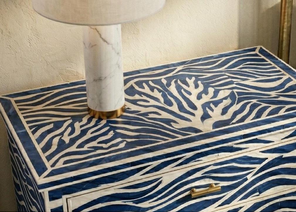 handmade Blue Wave Bone Inlay Bedside Table – Handmade Luxury 3 Drawer Nightstand