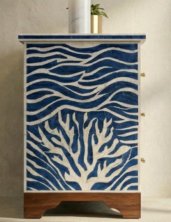 handmade Blue Wave Bone Inlay Bedside Table – Handmade Luxury 3 Drawer Nightstand