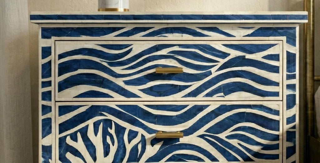 handmade Blue Wave Bone Inlay Bedside Table – Handmade Luxury 3 Drawer Nightstand