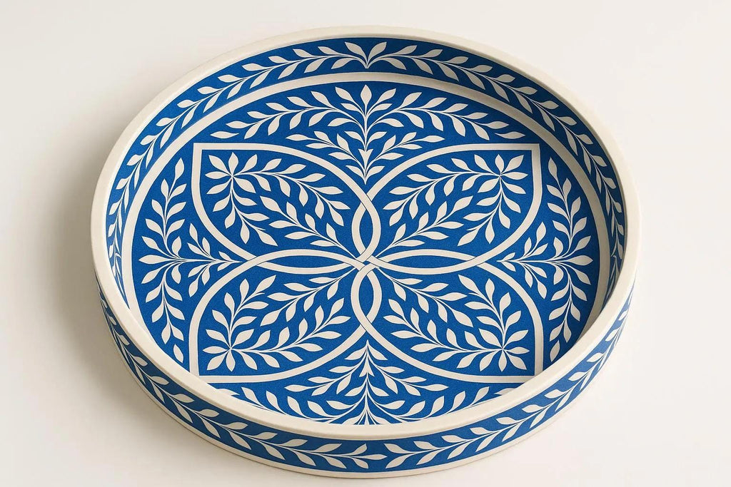 Blue Bone Inlay Round Tray – Handmade Decorative Serving Tray