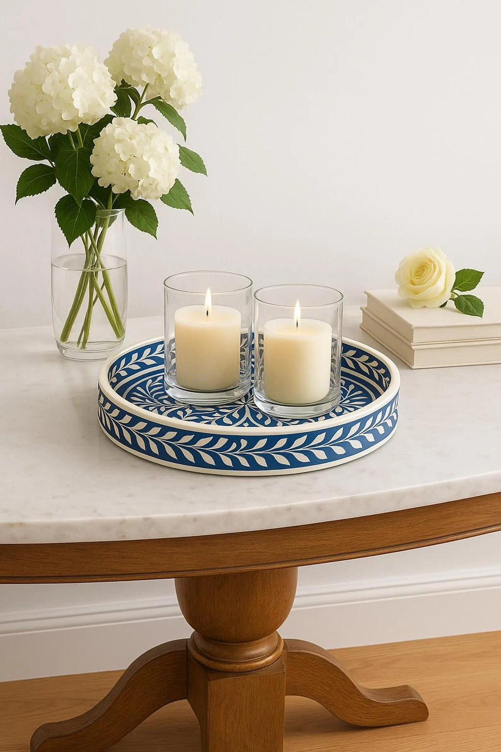 Blue Bone Inlay Round Tray – Handmade Decorative Serving Tray