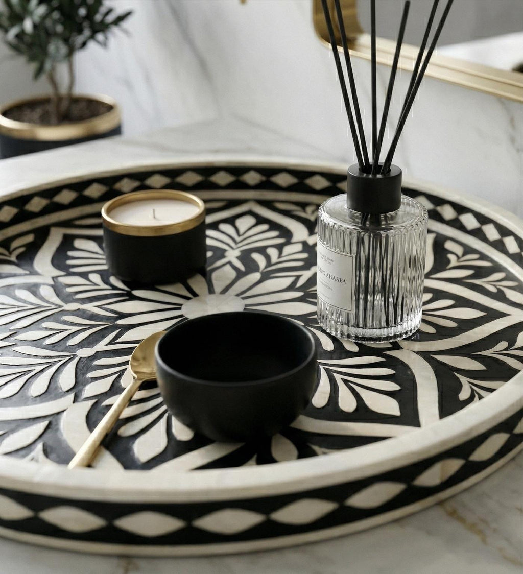 Round Tray Floral Bone Inlay Handmade Serving Vanity Decor