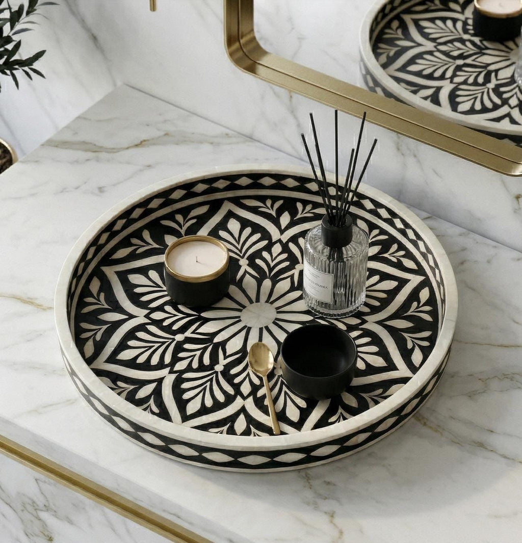 Round Tray Floral Bone Inlay Handmade Serving Vanity Decor