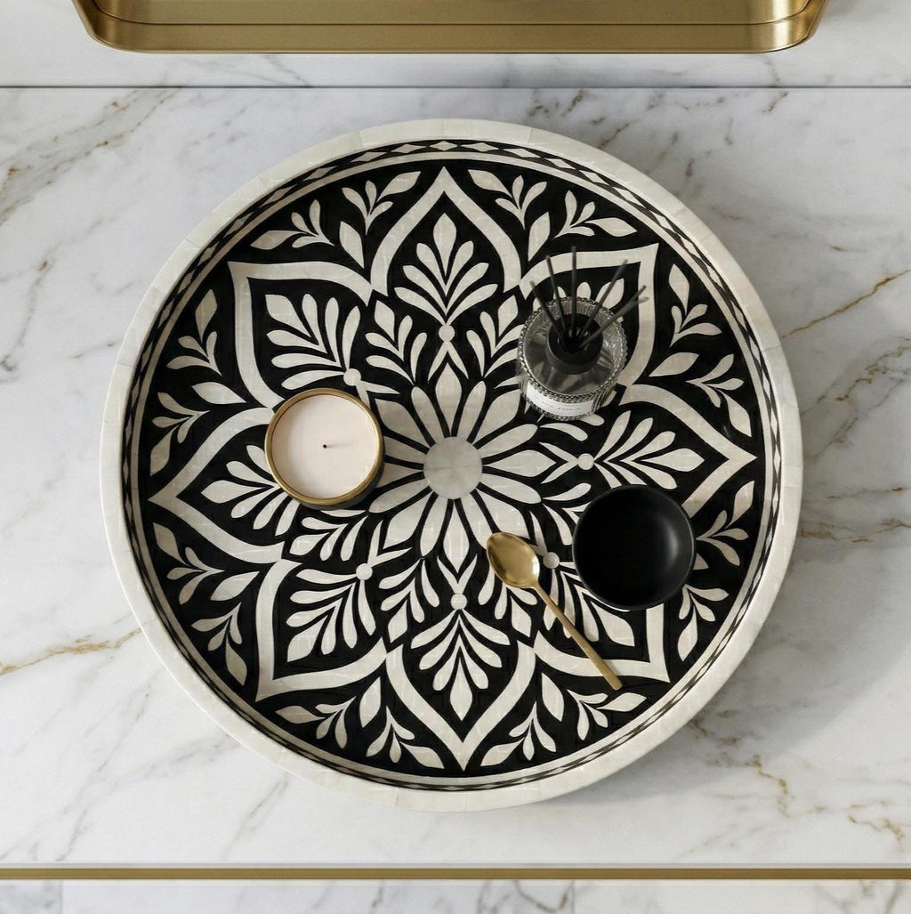 Round Tray Floral Bone Inlay Handmade Serving Vanity Decor