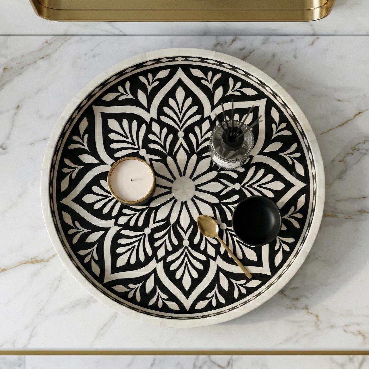 Round Tray Floral Bone Inlay Handmade Serving Vanity Decor