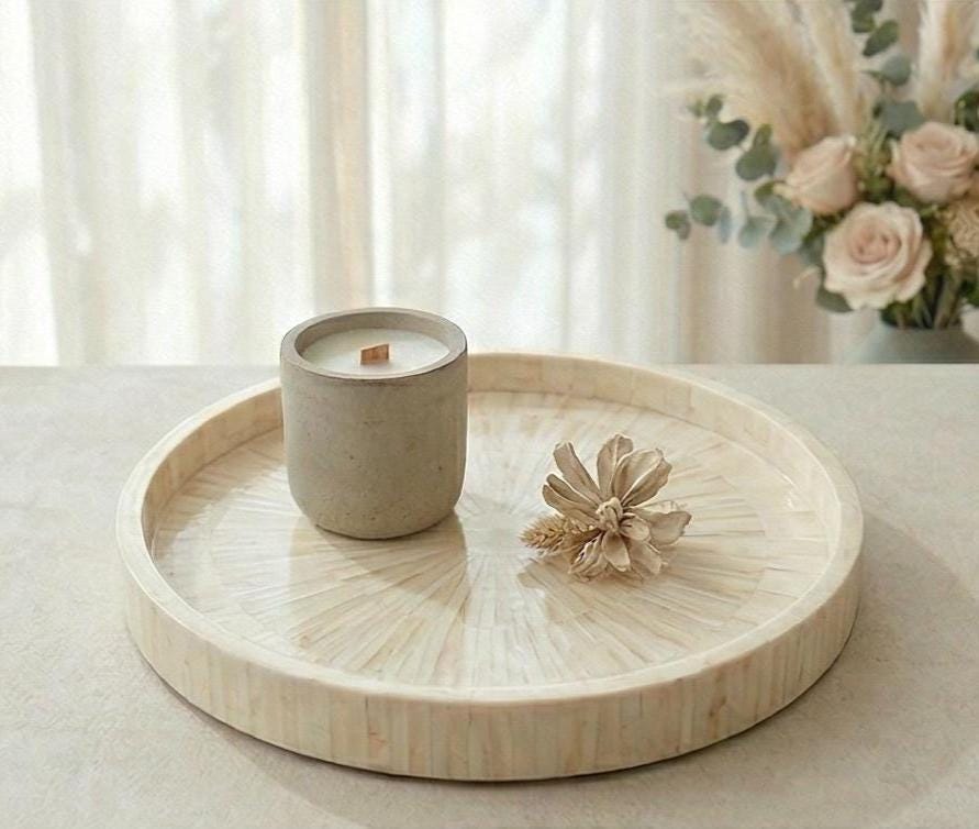 Pure White Bone Inlay Round Tray – Handmade Minimal Decorative Serving Tray