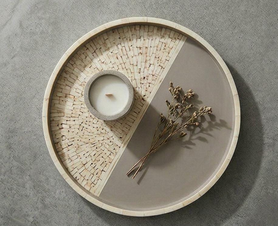 Two Tone Bone Inlay Round Tray – Handmade Modern Resin Serving Tray
