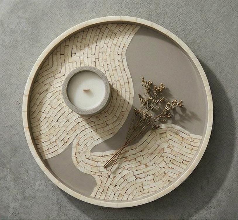 white Bone Inlay Round Tray Handmade Neutral Minimal Serving Tray