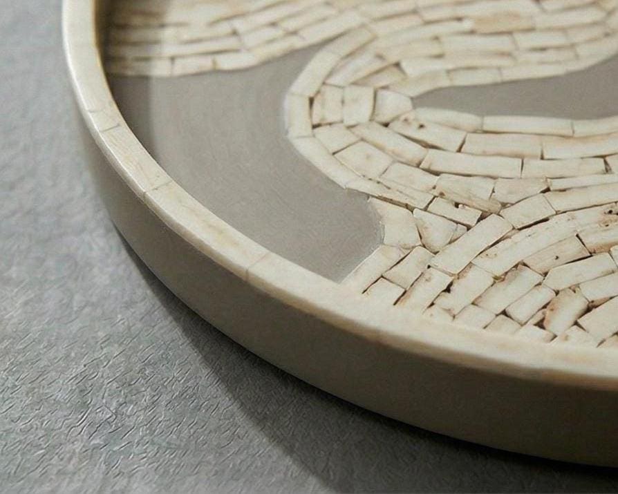 white Bone Inlay Round Tray Handmade Neutral Minimal Serving Tray