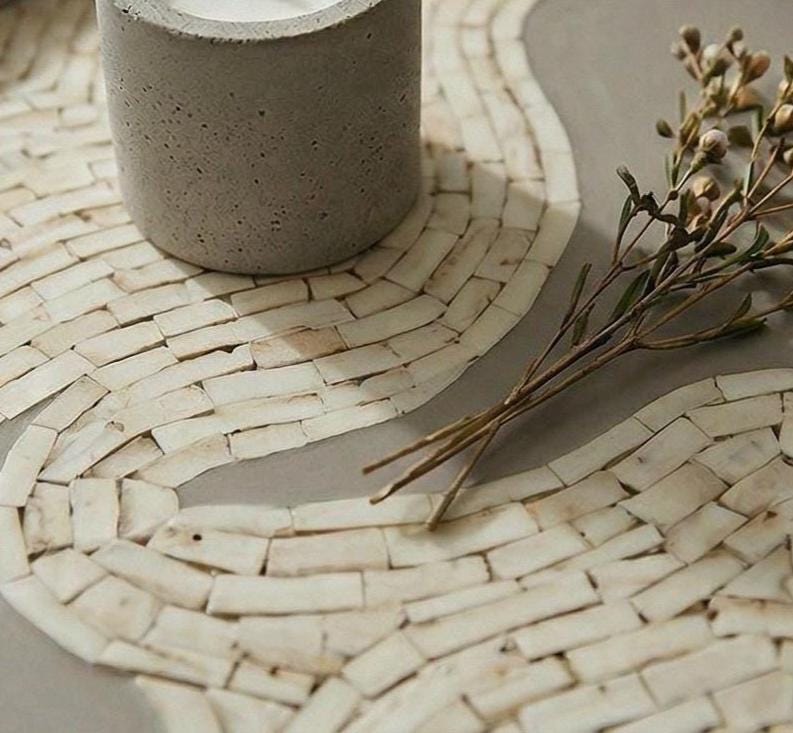 white Bone Inlay Round Tray Handmade Neutral Minimal Serving Tray