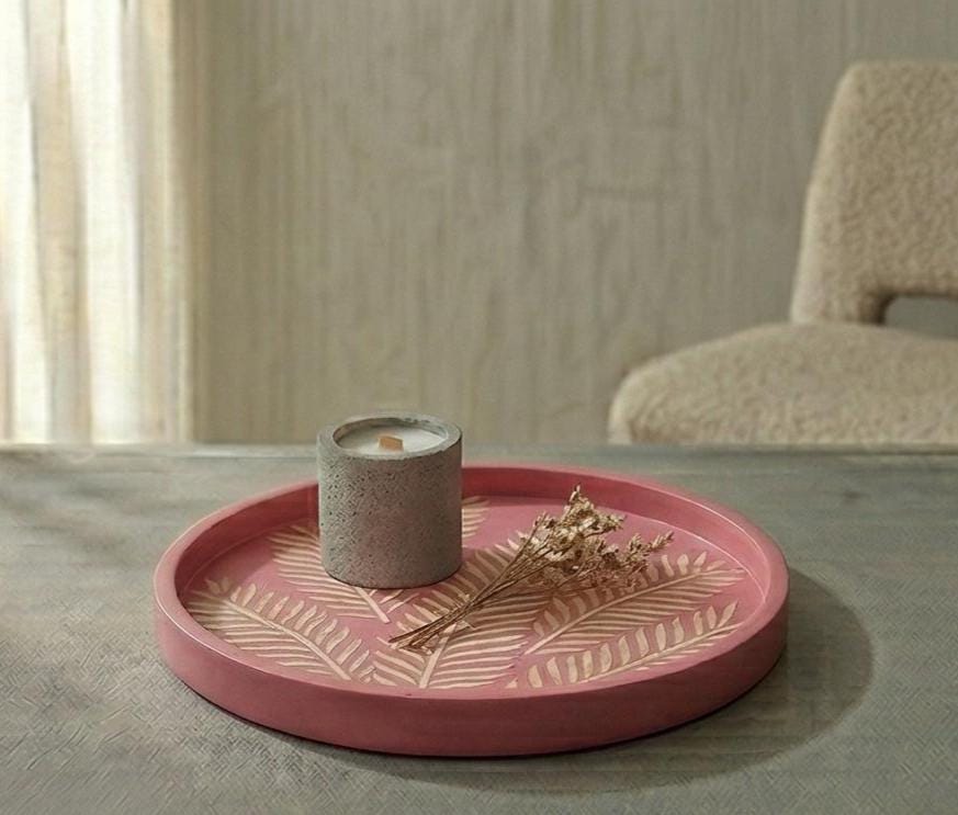 Pink Floral Bone Inlay Round Tray – Handmade Decorative Serving Tray | unique