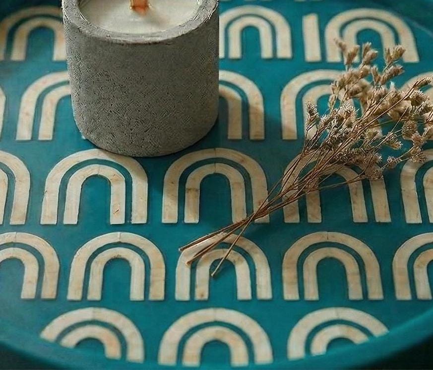 Turquoise Bone Inlay Round Tray Handmade Luxury Serving Tray