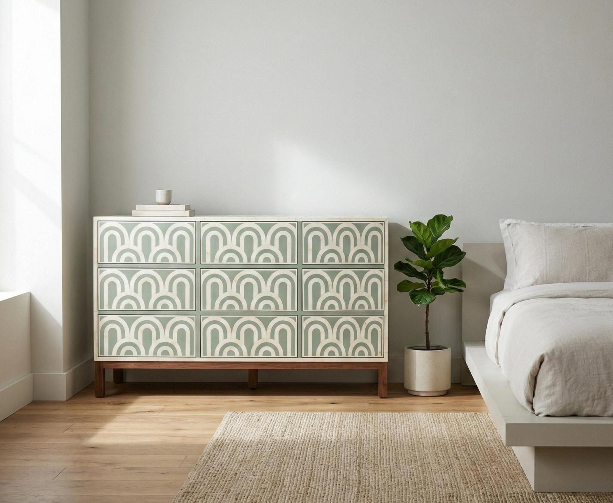 Handmade Bone Inlay Dresser – Sage Green Arch Pattern Storage Cabinet