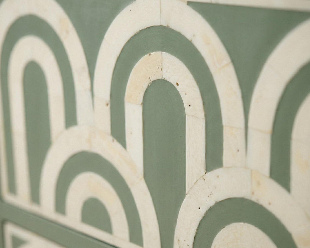 Handmade Bone Inlay Dresser – Sage Green Arch Pattern Storage Cabinet