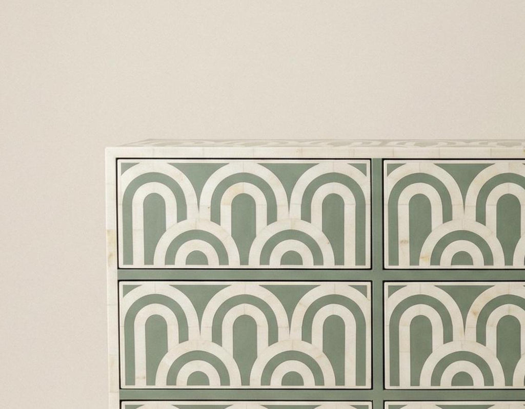 Handmade Bone Inlay Dresser – Sage Green Arch Pattern Storage Cabinet