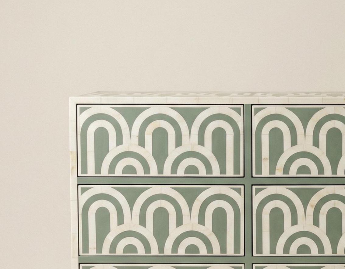 Handmade Bone Inlay Dresser – Sage Green Arch Pattern Storage Cabinet