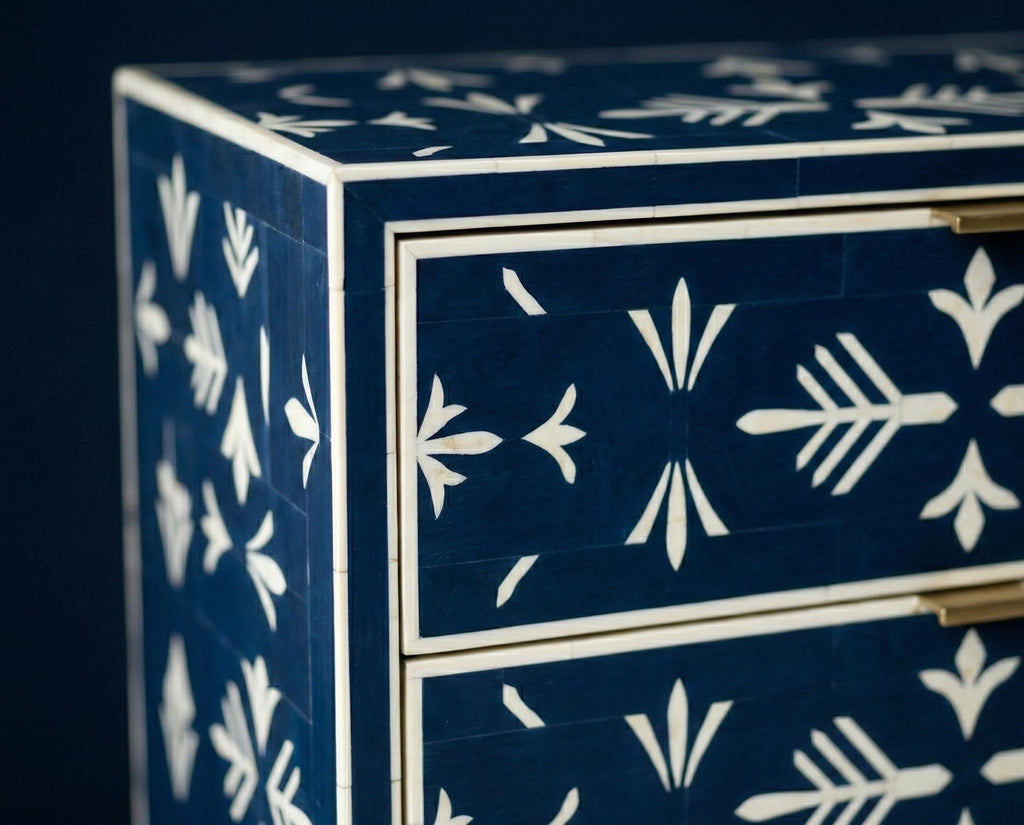 Navy Blue Bone Inlay Dresser – Handmade Minimal Pattern Modern Storage Cabinet unique