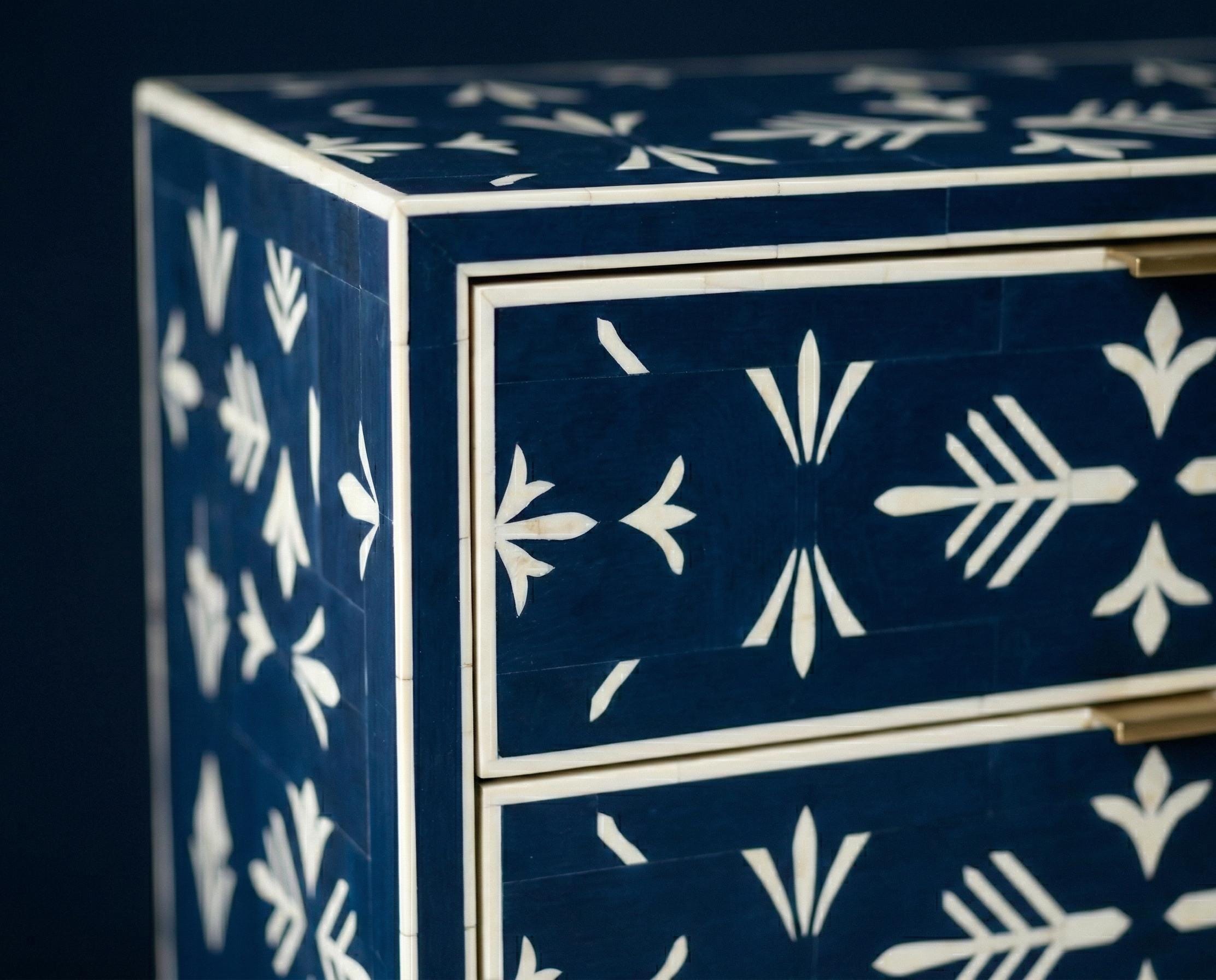 Navy Blue Bone Inlay Dresser – Handmade Minimal Pattern Modern Storage Cabinet unique