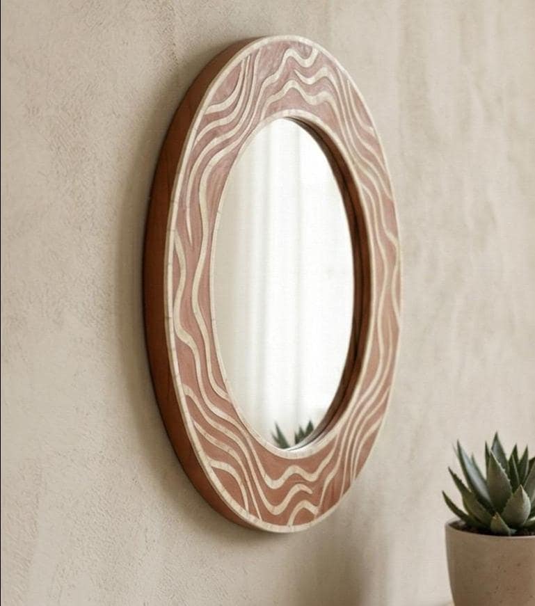 Terracotta Bone Inlay Mirror – Handmade Round Wavy Organic Wall Decor | unique mirror
