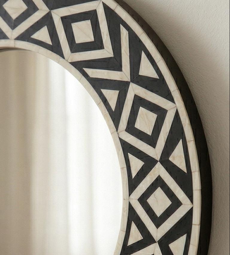 Black White Bone Inlay Mirror – Round Geometric Handmade Modern Wall Decor |unique mirror