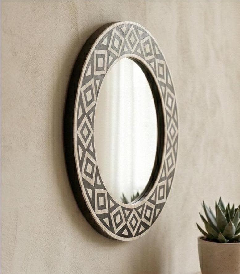 Black White Bone Inlay Mirror – Round Geometric Handmade Modern Wall Decor |unique mirror