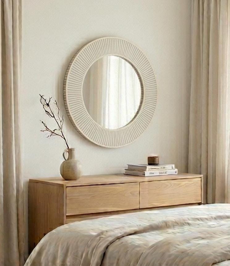 Ivory Grey Bone Inlay Mirror – Striped Round Handmade Scandinavian Wall Decor