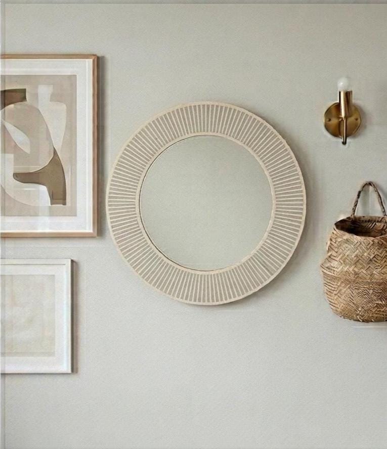 Ivory Grey Bone Inlay Mirror – Striped Round Handmade Scandinavian Wall Decor