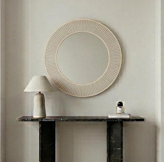 Ivory Grey Bone Inlay Mirror – Striped Round Handmade Scandinavian Wall Decor