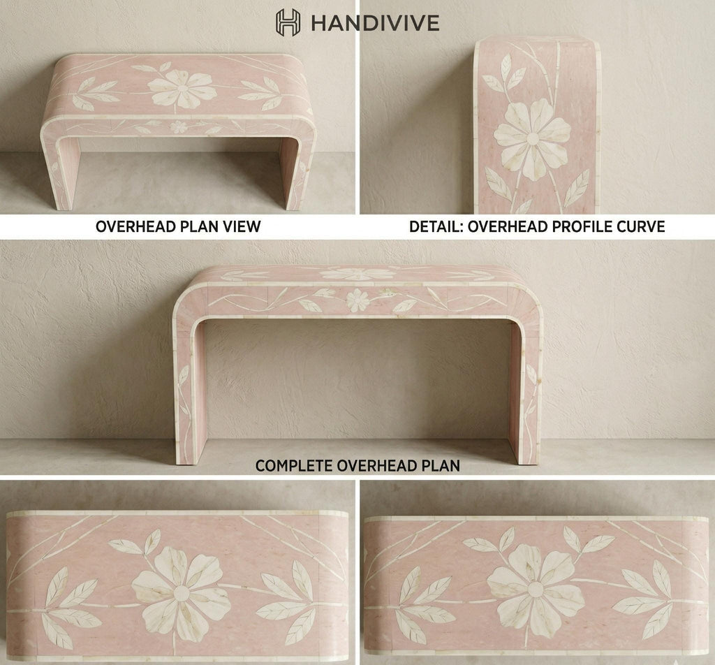 Blush Pink Bone Inlay Entryway Table with Subtle Floral Pattern, Modern Luxury Furniture