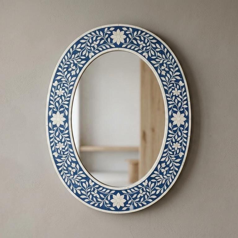 Blue Bone Inlay Oval Floral Wall Mirror Handmade Luxury Boho Home Decor  | unique mirror