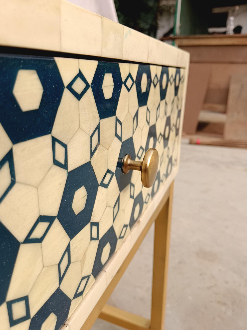 Blue Geometric Bone Inlay Bedside Table, Gold Metal Legs, Handmade Luxury Side Table
