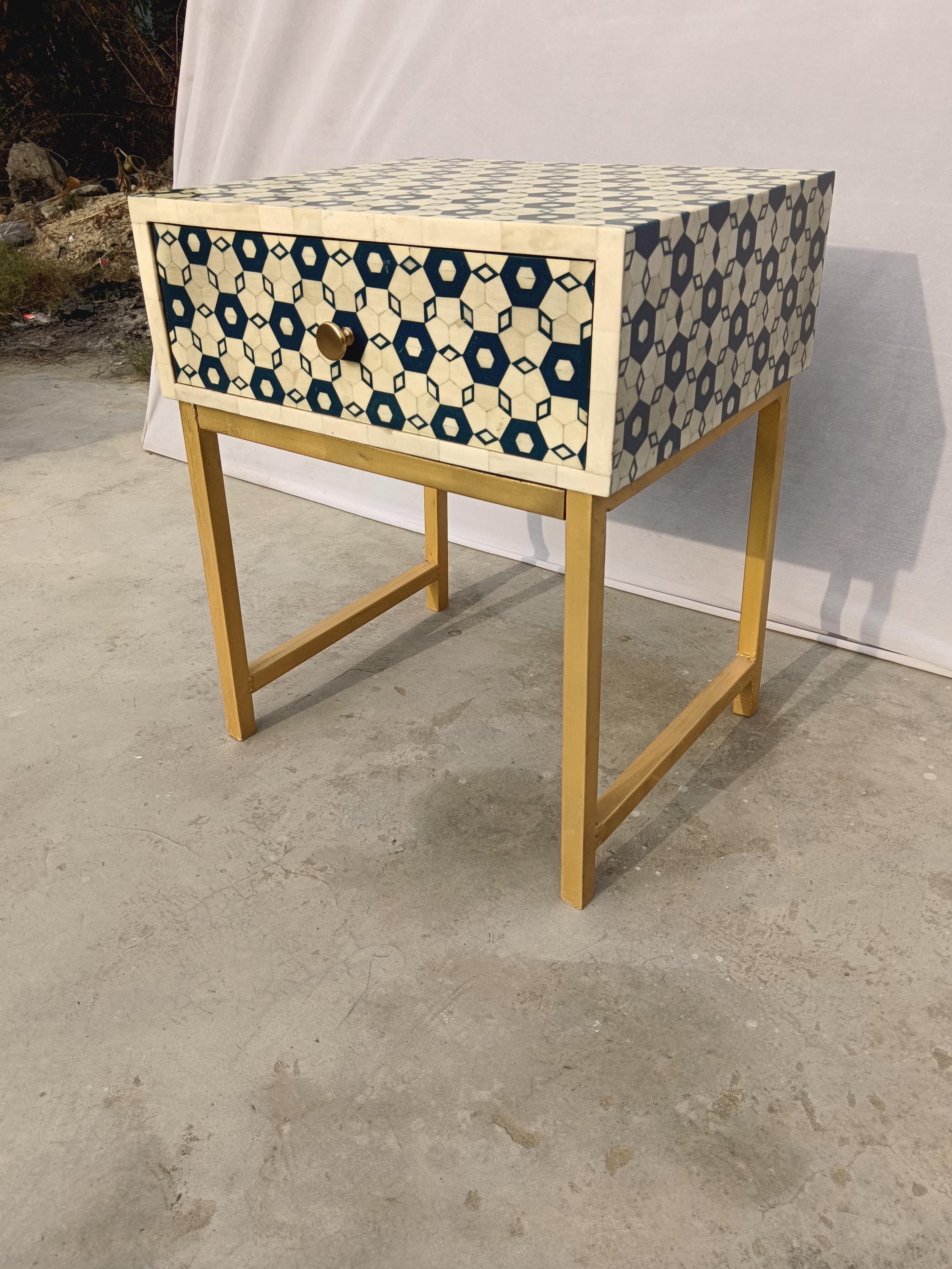 Blue Geometric Bone Inlay Bedside Table, Gold Metal Legs, Handmade Luxury Side Table