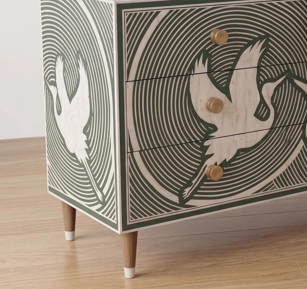 Abstract Geometric bone inlay Dresser 6 Drawer Cabinet Handmade Luxury Green Storage Chest