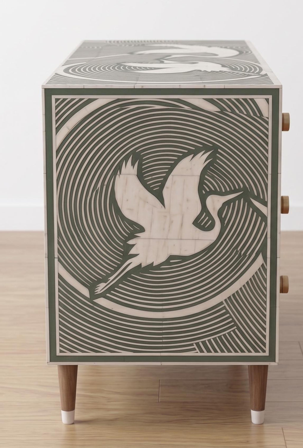 Abstract Geometric bone inlay Dresser 6 Drawer Cabinet Handmade Luxury Green Storage Chest