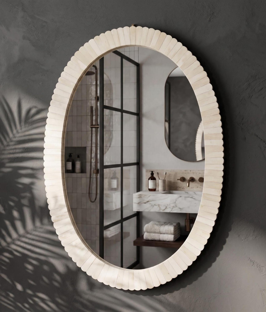 Oval Bone Inlay Mirror, Handmade Luxury Bathroom Vanity Decor, Antique Style Wall Mirror