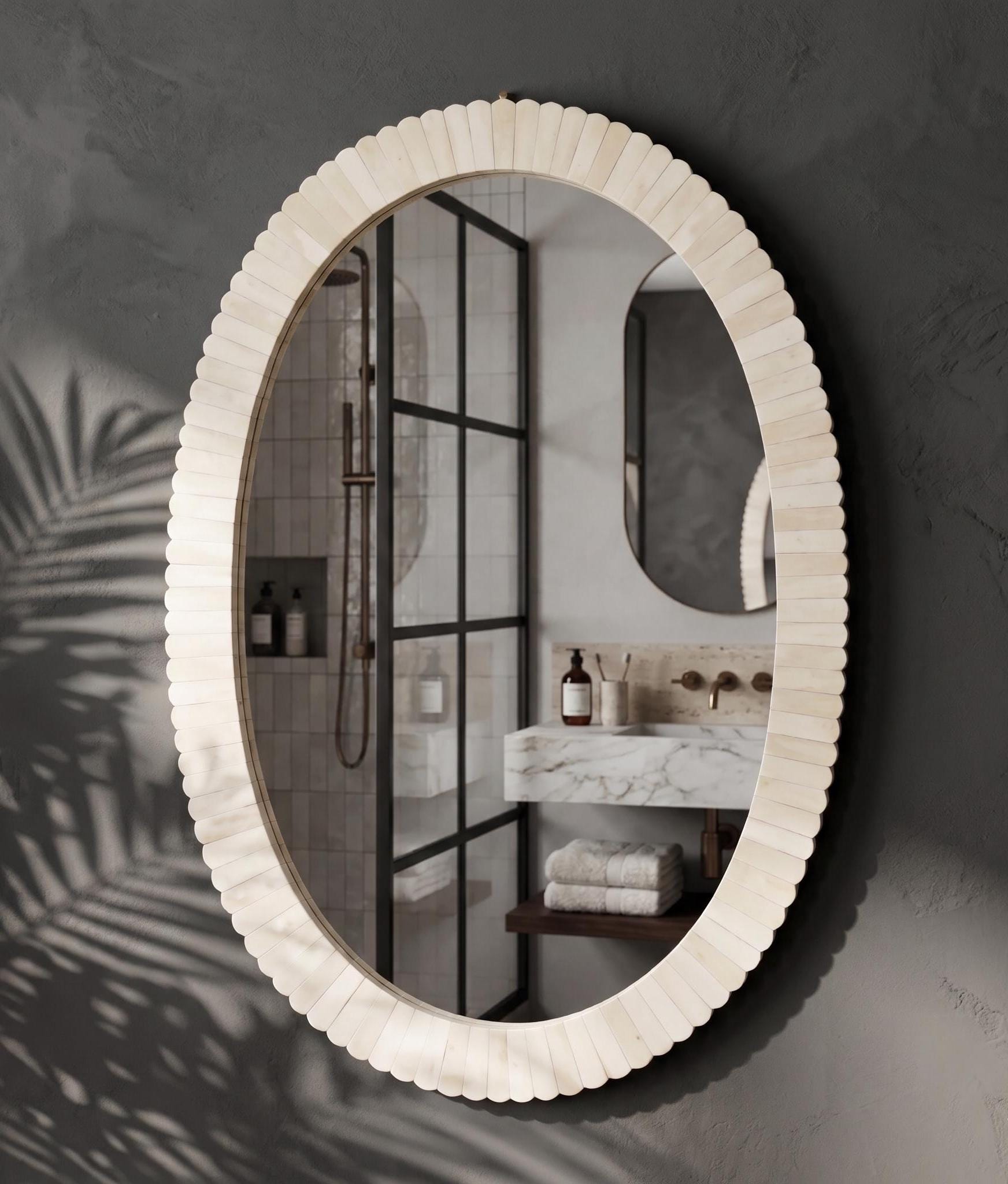Oval Bone Inlay Mirror, Handmade Luxury Bathroom Vanity Decor, Antique Style Wall Mirror