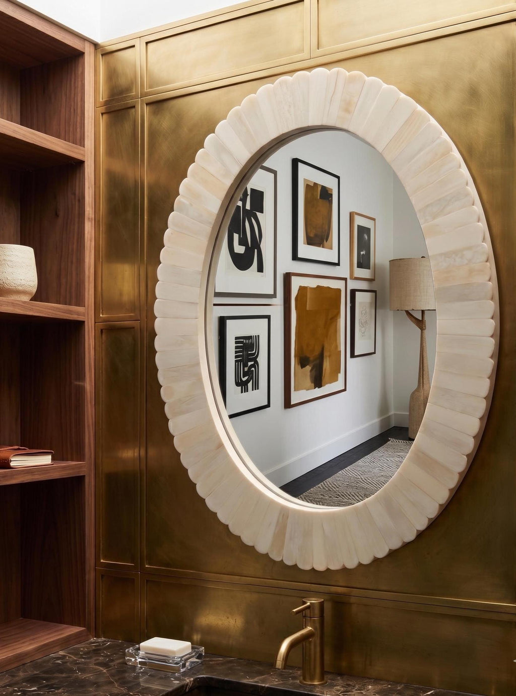 Oval Bone Inlay Mirror, Handmade Luxury Bathroom Vanity Decor, Antique Style Wall Mirror