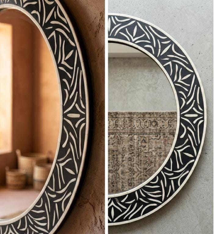 Handcrafted Bone Inlay Mirror | Half Plain, Half Abstract Pattern, Modern Design